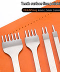 Leather Hole Punch Tool Set With Pricking Iron Prongs on orange leather with 1/2/4/6 prongs, 4mm 5mm 6mm spacing in white steel.