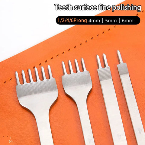 Leather Hole Punch Tool Set With Pricking Iron Prongs on orange leather with 1/2/4/6 prongs, 4mm 5mm 6mm spacing in white steel.