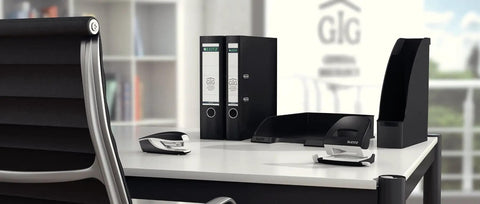 Office setup with Two Hole Punch for 30 Sheets, Metal Office Workhorse With Guide Bar and Format Markings, Black NeXXt Range.