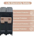Two Pole 20 Amp Circuit Breaker Plug On Mount For Standard Miniature Panels With Thermal Magnetic Trip 10kA 120 240V Easy Install DIY Friendly And Compatible With Load Centers, front view with safety features labeled.