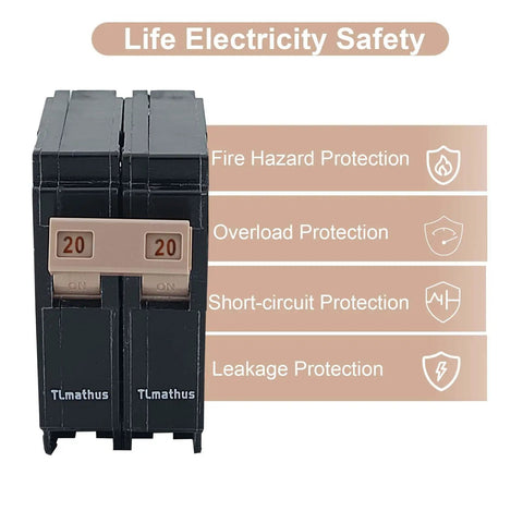 Two Pole 20 Amp Circuit Breaker Plug On Mount For Standard Miniature Panels With Thermal Magnetic Trip 10kA 120 240V Easy Install DIY Friendly And Compatible With Load Centers, front view with safety features labeled.