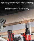 Badass Cordless Impact Drill 20V Brushless Motor 55Nm Torque Dual Speed Control 10Mm Keyless Chuck Comes Loaded With Two 5.0Ah Batteries For No Sweat Builds in use, securing screws in wood.