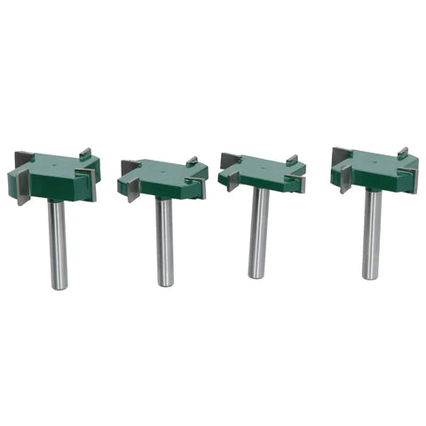 Cool Four Piece T Slot Router Bit Set With 1/4 Inch Shank Perfect For Grooving, Slotting And CNC Milling Projects In Your Woodworking Shop, displaying four router bits.