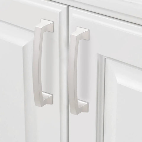Two Pack 3.75 Inch Brushed Satin Nickel Cabinet Handles For Kitchen Cabinets Pulls And Doors installed on white cabinet