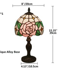 8 Inch Tiffany Style Pink Rose Table Lamp For Girl Bedroom Bedside Nightstand Decor Stained Glass Lamp With Bronze Vintage Base Romantic Gift For Girlfriend Or Lover Cozy Accent Lighting, displaying detailed dimensions and design elements.
