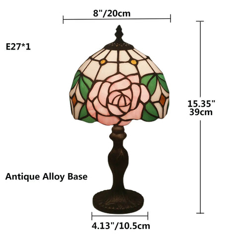 8 Inch Tiffany Style Pink Rose Table Lamp For Girl Bedroom Bedside Nightstand Decor Stained Glass Lamp With Bronze Vintage Base Romantic Gift For Girlfriend Or Lover Cozy Accent Lighting, displaying detailed dimensions and design elements.