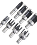 8 Piece Heavy Duty Carbon Steel Wood Plug Cutter Drill Bit Set With Straight And Taper Claw Heads, various sizes.