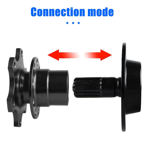 Slick Black Anodized Aluminum Steering Wheel Quick Release Hub And Six Hole Racing Adapter Kit showing connection mode detailing fitment.
