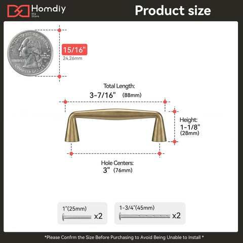 Product dimensions of 20 Pack 3 Inch Champagne Bronze Cabinet Pulls For Kitchen Cabinets with included screws