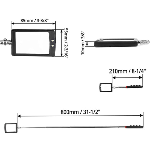 Dimensions of Telescoping Inspection Mirror With Light For Car Repairs And Tight Spaces, 360 Degree Rotating Head, Extendable Handle