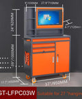Slick Heavy Duty Tool Computer Cabinet Cart With Double Metal Drawers Rolling Workshop Rig Featuring Secured Monitor Window For Large Screens Up To 27 Inches, front view with dimensions.