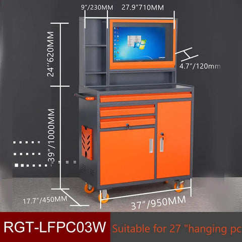 Slick Heavy Duty Tool Computer Cabinet Cart With Double Metal Drawers Rolling Workshop Rig Featuring Secured Monitor Window For Large Screens Up To 27 Inches, front view with dimensions.