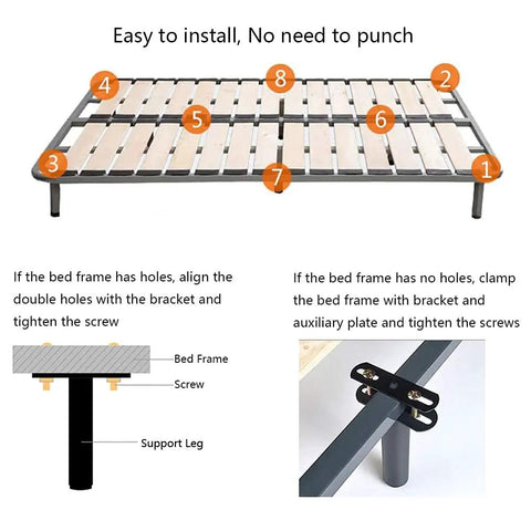 Diagram of Set Of Four Adjustable Bed Frame Support Legs, Heavy Duty Slats Support For Bed Frames, shown installed on bed frame