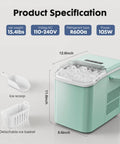 Countertop Ice Maker With Scoop, Basket And Handle, Portable Ice Machine That Cranks Out 9 Bullet Ice Cubes In Just 6 Minutes, Green