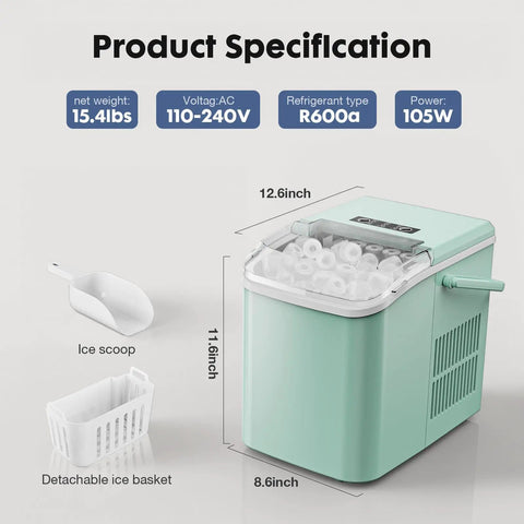 Countertop Ice Maker With Scoop, Basket And Handle, Portable Ice Machine That Cranks Out 9 Bullet Ice Cubes In Just 6 Minutes, Green