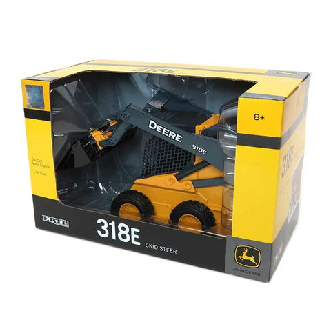 John Deere 318E Skid Steer Loader Dope Mini Toy Model in box with tilting bucket and treaded rubber tires, 1:16 scale