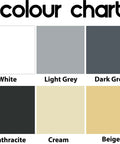 Color chart showing white, light grey, dark grey, anthracite, cream, and beige shades