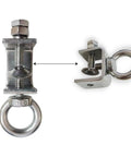 Close-up of 4 Piece Stainless Steel C Clamp With Ring Heavy Duty Hanging J Hooks For Pipe And Beam Clamps With Ring Holds Up To 100 Pounds Static Load Versatile Indoor Outdoor Use Ideal For Garage Workshop Ceiling Racks And DIY Projects showing front and side views.