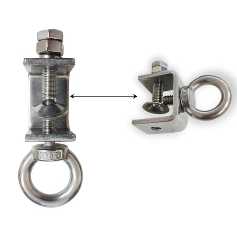 Close-up of 4 Piece Stainless Steel C Clamp With Ring Heavy Duty Hanging J Hooks For Pipe And Beam Clamps With Ring Holds Up To 100 Pounds Static Load Versatile Indoor Outdoor Use Ideal For Garage Workshop Ceiling Racks And DIY Projects showing front and side views.