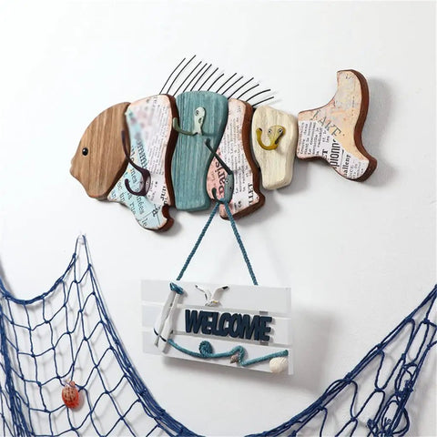 Heavy Duty Wooden Coat Hook Organizer Built Different For Entryway Storage Hella Sturdy Wall Mounted Hat Rack with fish design.