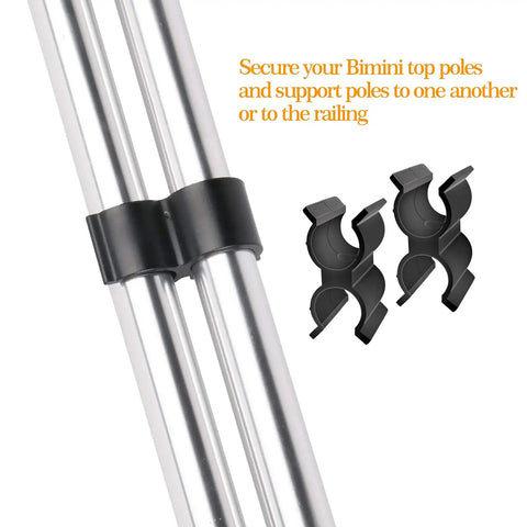 "2 Pack Anti Rattle Bimini Top Pole Clips Holder For Boat Keeps Poles Snug And Quiet No Fuss Clamp Install Secure Bimini Braces Marine Accessories Black Easy Install To Stop Rattling And Wobble On Deck" shown on silver poles.