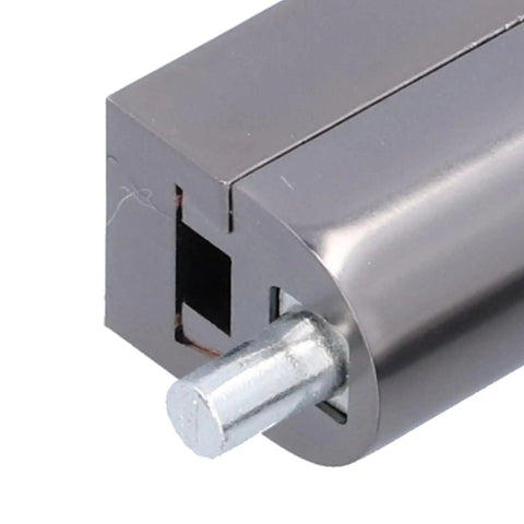 Close-up of sleek push type door stop catch, 2.8 inch black zinc alloy design for secure door hold.