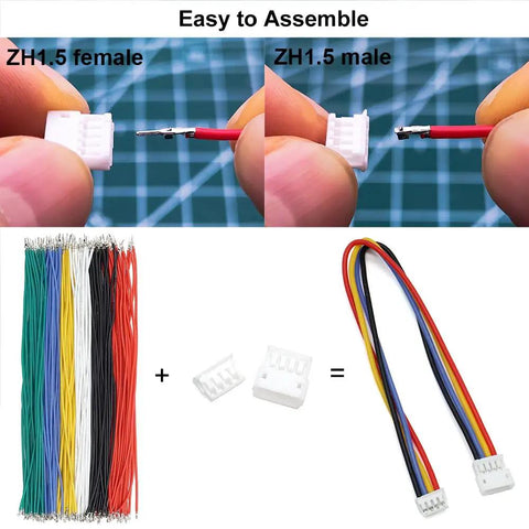 1.5mm JST Style Male And Female Connector Kit with 28 AWG Silicone Cables and heat shrink tubes shown with cables and housing