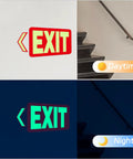 Glow In The Dark Emergency Exit Signs 2 Pack Photoluminescent Vinyl For 50 Feet Visibility No Wiring Needed Flexible Arrows System For Easy Setup Lets You Show Clear Safe Path In Any Hallway Or Stairwell., exit sign on stairway wall, day and night view