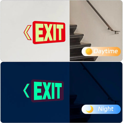 Glow In The Dark Emergency Exit Signs 2 Pack Photoluminescent Vinyl For 50 Feet Visibility No Wiring Needed Flexible Arrows System For Easy Setup Lets You Show Clear Safe Path In Any Hallway Or Stairwell., exit sign on stairway wall, day and night view
