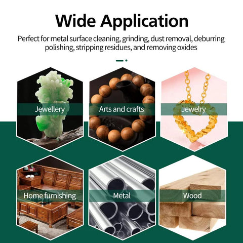 Abrasive wheel product banner showing wide applications across metal, wood, jewelry, and crafts