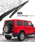 Badass Off Road Rear Wiper Arm And Blade Kit For Jeep Wrangler Jk 2007 2017 installed on red Jeep during rain for clear visibility.
