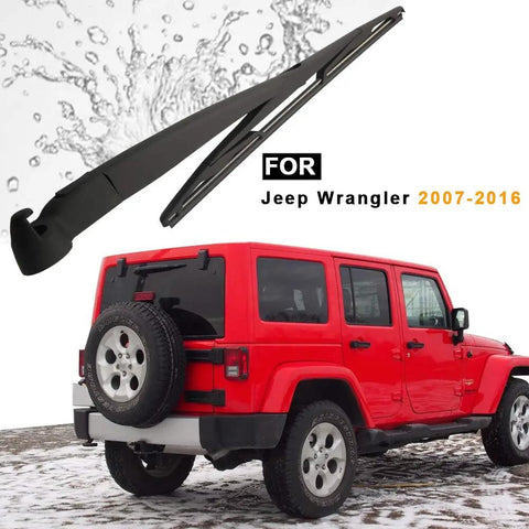 Badass Off Road Rear Wiper Arm And Blade Kit For Jeep Wrangler Jk 2007 2017 installed on red Jeep during rain for clear visibility.
