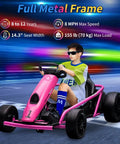 Child in a pink Ride On Go Kart For Kids With 24V 9Ah Battery Dual 300W Motors 8 MPH Fast Drifting Circuit Car on track