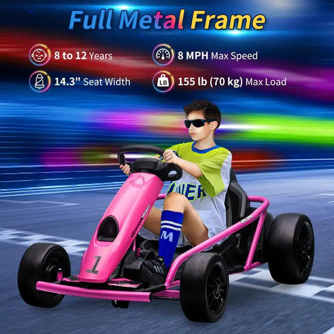 Child in a pink Ride On Go Kart For Kids With 24V 9Ah Battery Dual 300W Motors 8 MPH Fast Drifting Circuit Car on track