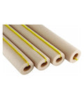 Four tan pieces of Insulation For Pipes Tundra Plus Pro Grade Closed Cell Polyolefin Tubing with yellow seams.