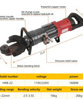 Heavy Duty Electric Rebar Bender 1400W Hydraulic Steel Bar Bending Machine with ergonomic handle and rebar bending block.