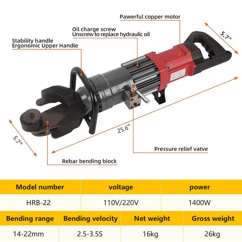 Heavy Duty Electric Rebar Bender 1400W Hydraulic Steel Bar Bending Machine with ergonomic handle and rebar bending block.
