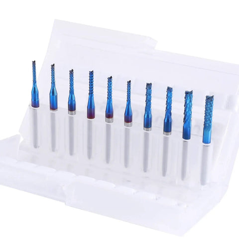 Nano Blue Coat End Mills Set For CNC Router Bits, 10 Pieces, Cutting Diameters 1.5 To 3.175 Millimeters, One Eighth Inch Shank