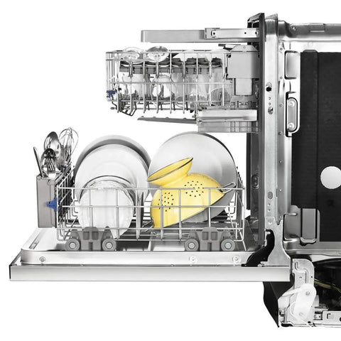 Open dishwasher with visible Dishwasher Lower Wheel Replacement Kit W10195416 Four Pack installed on lower rack