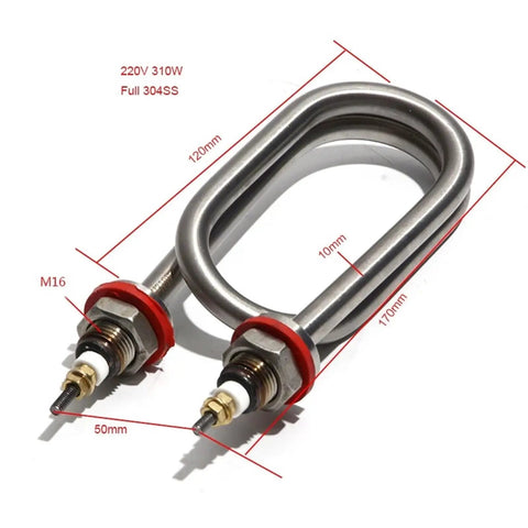 220V U Shape Immersion Water Heating Element 310W with M16 Thread, 304 Stainless Steel, 170x50mm dimensions shown
