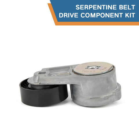 Beefed Up Serpentine Belt Tensioner Pulley Kit With Idler For Dodge Grand Caravan Charger Durango Ram 1500 2500 3500 And Chrysler 200 300 Town And Country 3.6L V6 3 Piece Replacement Kit showing metal tensioner and idler components