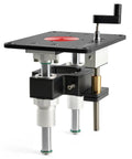 Precision Router Lift System For Woodworking Tables Featuring Smooth Height Adjustments And A Heavy Duty Aluminum Plate, close-up view showing components and height adjuster.