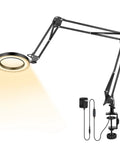 All In One Magnifying Glass With Light Desk Lamp 8X Magnification, 3 Section Swing Arm With Big Clamp shown lit