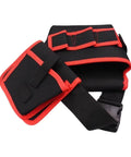 Heavy Duty 360 Swivel Utility Belt With Quick Grab Pockets Ergonomic Waist Tool Pack Jobsite Ready in black and red canvas material.