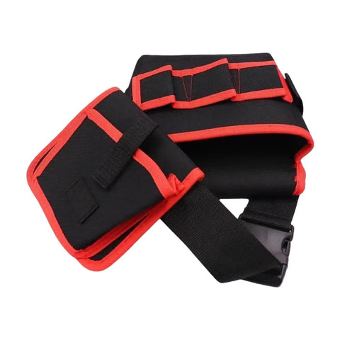 Heavy Duty 360 Swivel Utility Belt With Quick Grab Pockets Ergonomic Waist Tool Pack Jobsite Ready in black and red canvas material.