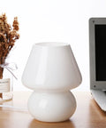 Mushroom Glass Nightstand Lamp With Vintage Murano Style Swirl Translucent Matte White Bedside Desk Light on wooden desk