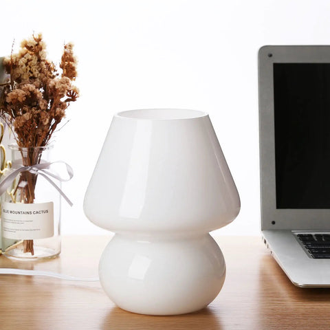 Mushroom Glass Nightstand Lamp With Vintage Murano Style Swirl Translucent Matte White Bedside Desk Light on wooden desk