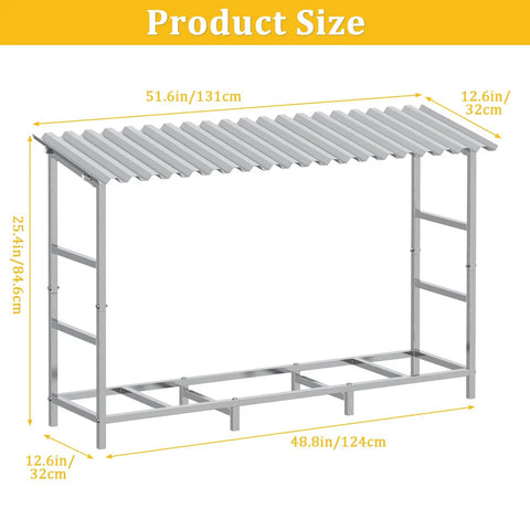 Heavy Duty Four Foot Firewood Rack With Weather Cover For Indoor And Outdoor Use showing dimensions and structure