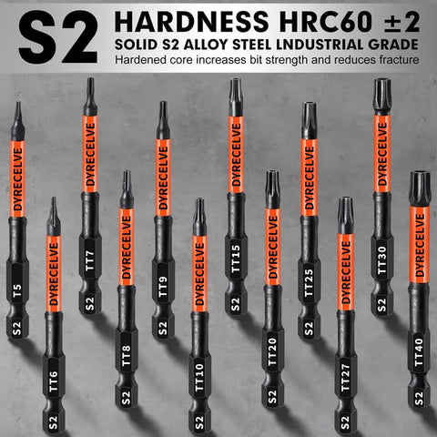 Badass Security Torx Bit Set With Heavy Duty Magnetic Grip And Impact Ready Steel Construction Featuring Three Inch Extended Reach Star Tips For T5 To T40 Jobs showing various sizes and strong S2 steel material.
