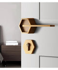 Top Shelf Interior Silent Door Lock Crafted From Premium Zinc Alloy Handle Rock Solid Build Rust Resistant Finish Wear Proof Design For Bedroom And Bathroom Smooth Closure With Zero Collisions Heavy Duty Performance close-up view of hexagon-shaped handles on a modern door
